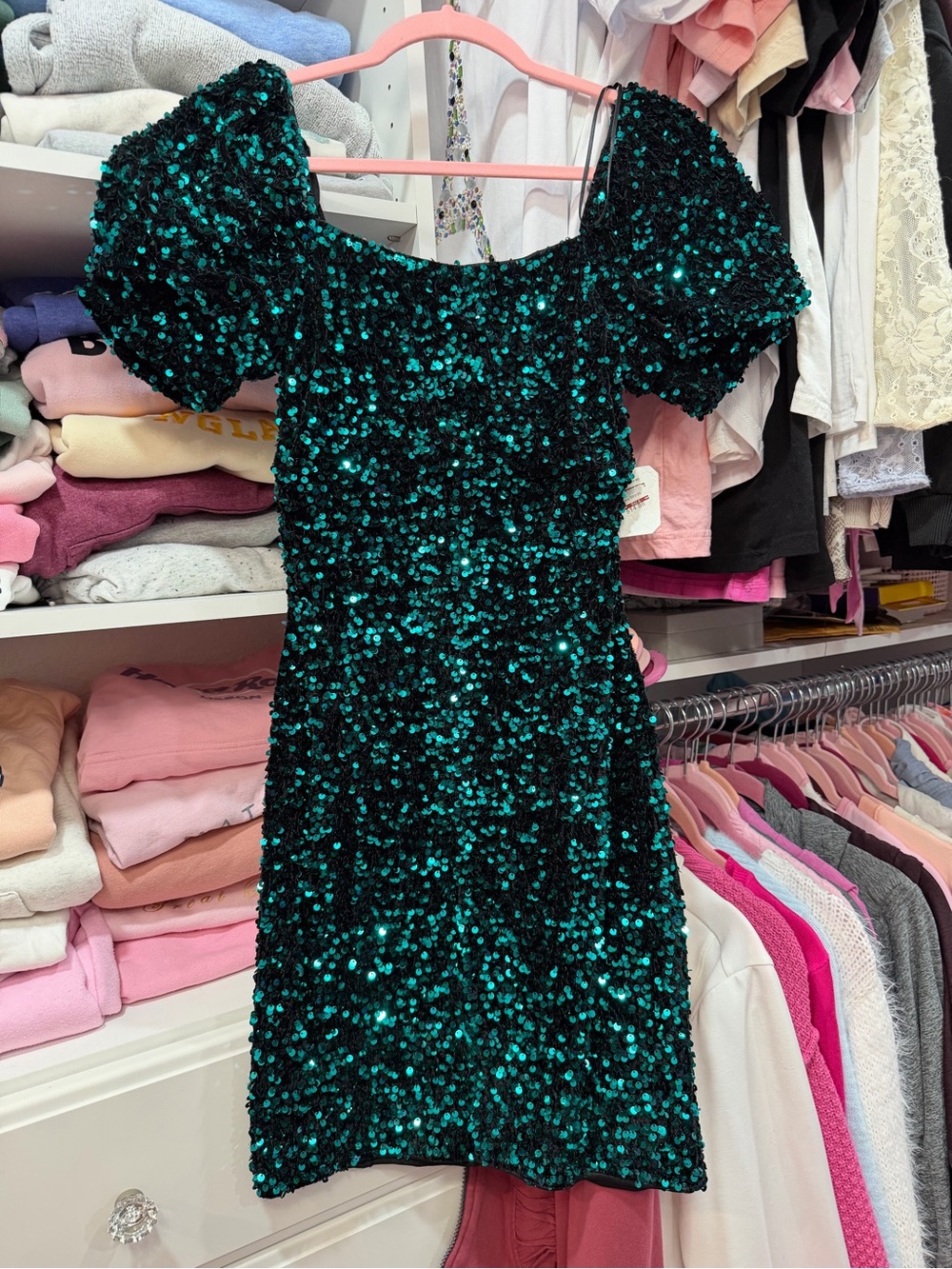 ALTAR’D STATE Sparkling Emerald Sequin Puff-Sleeve Dress, XS, new with tags